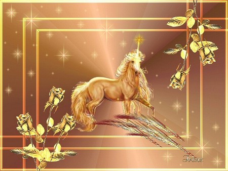 GOLDEN MAGIC - roses, golden, magic, unicorn