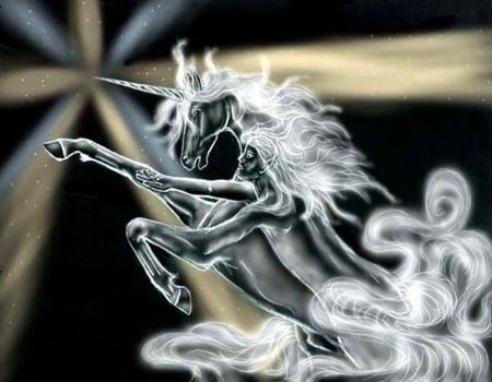 SPIRIT OF THE UNICORN - fantasy, female, spirit, silver, gold, night, stars, unicorn