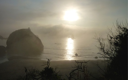 Foggy California Coast - clouds, fog, beautiful, beaches, rock, ocean, reflection, sunset, nature, surreal, heavy, formations