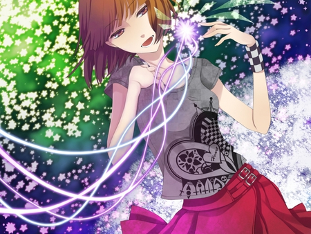 Cherry Blossom Magic - anime girl, heart, sakura, magic, beauty, pink, stars, short hair, blossems, purple, green, cute, beautifull