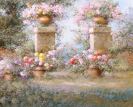 Park Entrance - painting, brick, trees, pots, columns, flowers, path