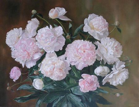 Peony Bouquet - painting, beauty, pink, peonies, leaves