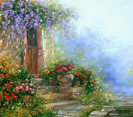 Rhonda's House - flowers, house, pots, door, painting, artwork, steps