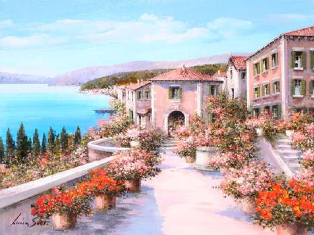 Lake Garda - sky, lake, trees, mountains, buildings, plants, painting, clouds, flowers