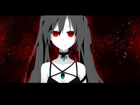 Dark Miku - pretty, anime, vocaloid, blue, twintail, hatsune miku, stars, dark, red, nice, beautiful, beauty, cool, red eyes, black, grey, necklace, miku, awesome, grey hair, cute, hatsune, vocaloids