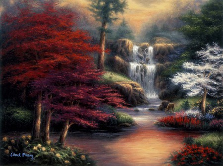 Sanctuary - trees, water, artwork, beautiful, flowers, nature, waterfall, deer, painting, boulders, peaceful, sky