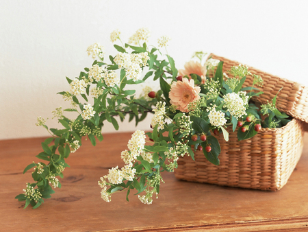 Bouquet in basket - flower, rose, pink, bouquet, basket