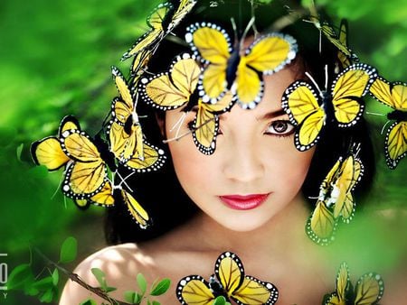 SHE AND BUTTERFLY - green, yellow, female, fly