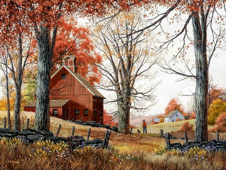 autumn walk - house, autumn, barn, dog, fence, man