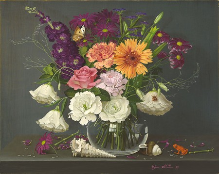 Gathering of Nature - vase, table, petals, flowers, shell, fly, butterfly, glass, frog