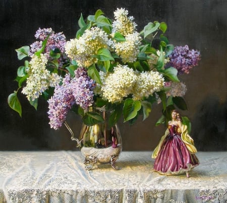 Lounge Lady - flowers, vase, cloth, silver, porcelin statue, table, lace, bouquet