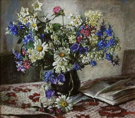 Floral Painting - flowers, vase, painting, book, artwork, table cloth