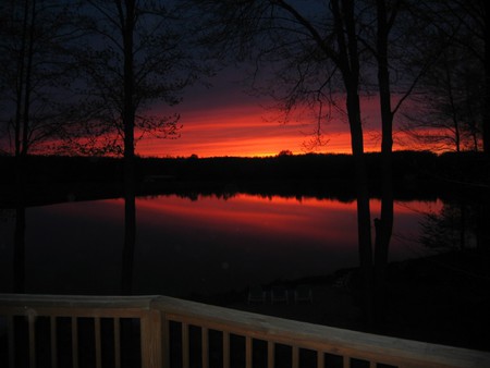 Orange sunset - river, trees, sunset, chairs, deck, orange, sand