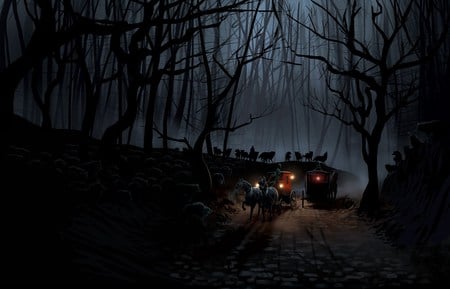 Meeting In The Forest - men, night, wolves, horses, dark, forest, meeting, coach, moonlight, howling, team