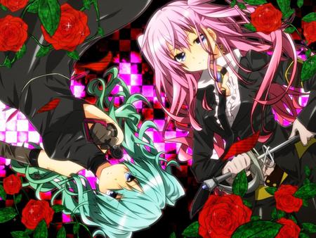 Hatsune Miku & Megurine Luka - sword, miku, hatsune, rose, beautiful, vocaloids, gun, pistolm cute, pink hair, megurine, luka, red rose, blue hair, red, megurine luka, pretty, cool, beauty, flowers, awesome, vocaloid, anime, twintail, nice, blue eyes, hatsune miku