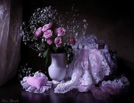 A woman's touch - pink, cushion, seet, pins, beautiful, vase, lace, babys breath, white, ribbon, roses, heart, lavender, curtain