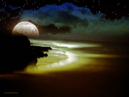 Fantasy Land - moon, nature, ocean, art photo, night, land, fantasy