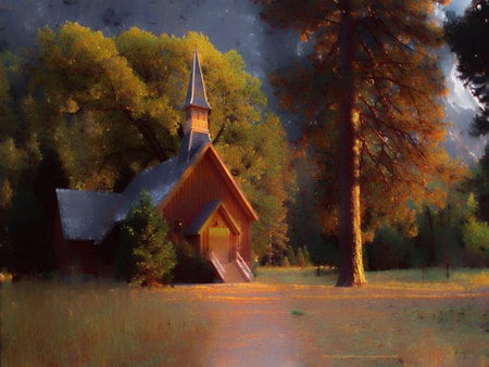 Forest  Chapel - chapel, painting, forest, photo, architecture