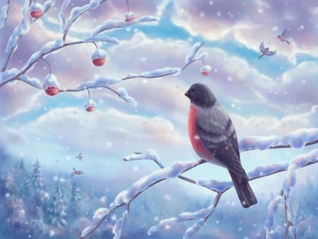 BIRD OF WINTER - clouds, trees, birds, winter, snow, sky