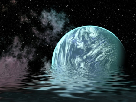 PLANET RISE - sky, stars, clouds, water, planet