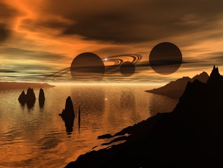 SERENE BAY - sky, planets, serene, clouds, water, mountains, bay