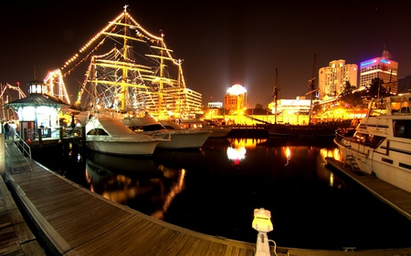 Beautiful Night - boat, night, harbour, reflection, sailboats, sailing, view, port, houses, sky, water, ship, sea, city, colors, buildings, pier, boats, colorful, nature, lights, sailboat, ships, peaceful, bridge