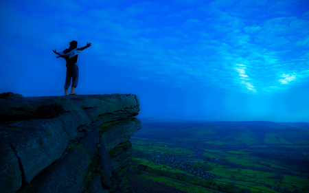 Freedom - beauty, sky, valley, streched arms, trees, peaceful, mountains, field, rocks, amazing, view, free, man, clouds, green, grass, morning, freedom, houses, landscape, mountain, king, lovely, world, nature, village, blue, beautiful, top