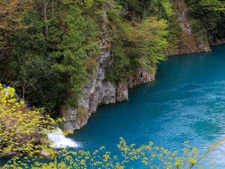 Nature's Finest - turquoise, fresh, trees, mint, cliff, water, waterfall, rocks, colour, blue, shrubs