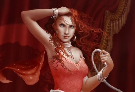 Curtain Call - earrings, beauty, redhead, rope, female, red, collar, fantasy