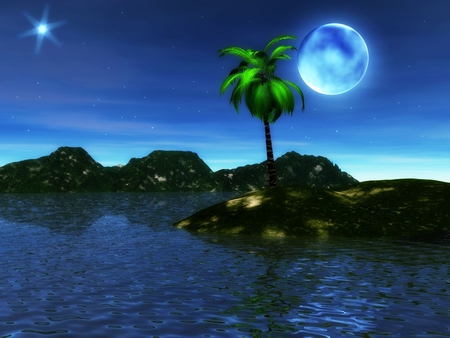 BLUE MOON - moon, blue, night, ocean, mountains, stars, sky, palm tree