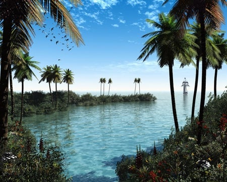 CG Paradise - clouds, birds, water, ship, flowers, fantasy, fronds, palm trees, sky