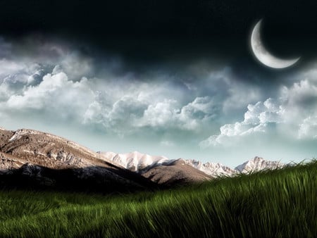 Freshness_of_the_green_herb - moon, nature, green, rock, grass, freshness, mountain, sky