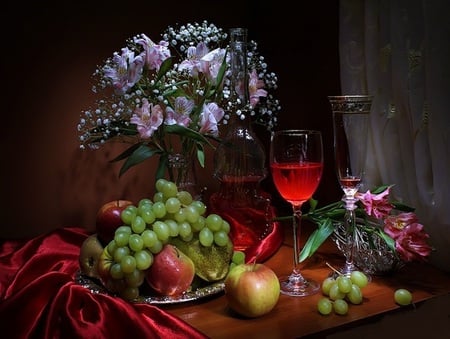 Extravagance - vase, wwineglass, table, lillies, still life, flowers, grapes, wine, apples, glasses, platter, red, green, rich, fruits