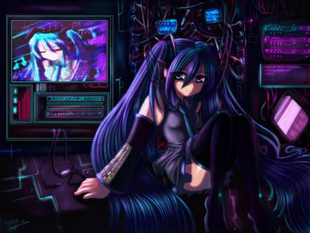 Hatsune Miku - miku, hatsune, black, cute, beautiful, vocaloids, studio, television, colorful, blue hair, pink, pretty, cool, headphones, beauty, awesome, vocaloid, thighhighs, anime, twintail, blue, nice, skirt, blue eyes, headset, realistic, hatsune miku