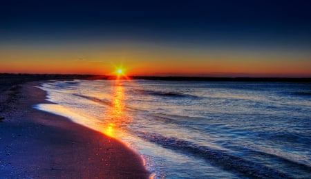 End of a Wonderful Day - beaches, sky, ocean, surf, sunset, clear, nature, calm, reflection, twilight, colors