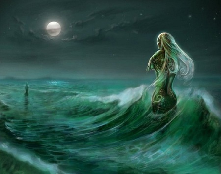 1983 - moon, sky, female, fantasy, waves, mermaid, clouds, green, sea