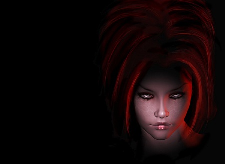 Under a Scarlet Cover - redhead, female, red, eyes, hair, black, fantasy, cg