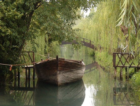 A Peacefull Life - lake, trees, green, bridge, boat