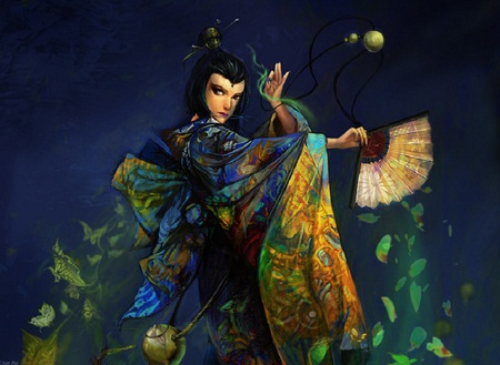 Fan Dance - fan, silk, female, fantasy, blue, leaves, oriental, flowers, kimono, colourful