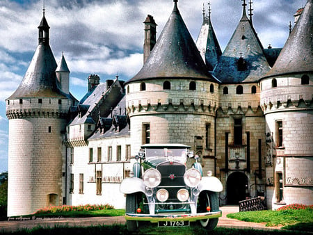 chateau and car - art photo, architecture, castle, car