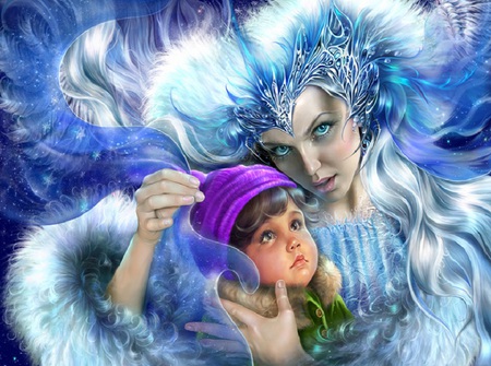 Winter queen - woman, fur, hat, eyes, magical, winter, child, crown, scarf, fantasy, white, purple, queen, boy