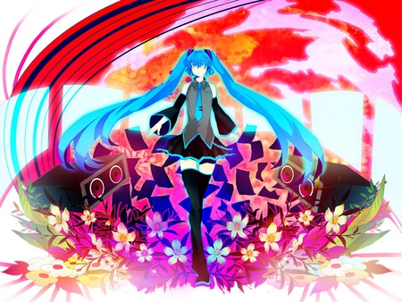 Hatsune Miku - miku, hatsune, cute, beautiful, vocaloids, bass, microphone, colorful, blue hair, pretty, cool, headphones, beauty, flowers, awesome, vocaloid, anime, twintail, sky, nice, clouds, blue eyes, headset, hatsune miku