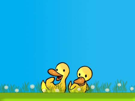 2 ducks - duck, drawing, grass, blue