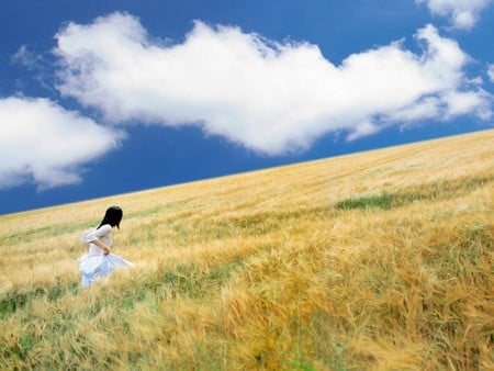 Girl on field - cloud, field, girl, walk