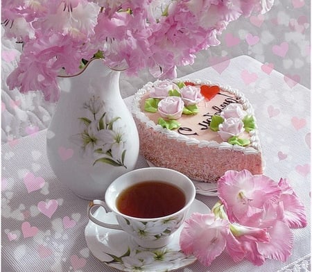 Cake and a cup of tea - cake, tea, pink flowers, cup