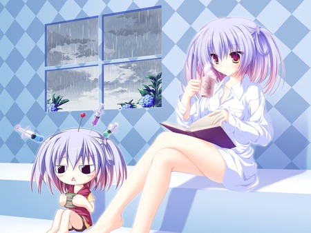 Rainy Day - beaut, pretty, anime girl, blue, flowers, short hair, purple, rainy, chibi, cute, beautifull, purple hair, sexy, checkerd