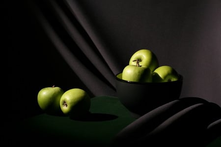 classic still life - nature, art photo, composition, still life, apples, black table