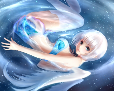 Water Angel - anime, swimsuit, anime girl, female, water, wing, blue, girl, angel, flower, white hair, short hair, fantasy, bikini, wings