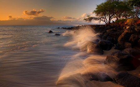 BEAUTIFUL BEACH - hill, sunst, beach, trees, clouds, splash, rocks, waves