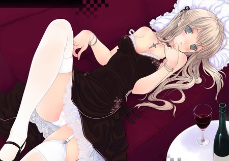 Mika - anime, brown dress, bottle, wine, other